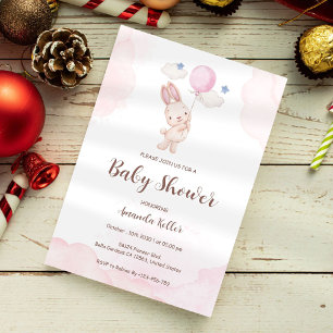 Pink and Bunny Cute Ballons Baby Shower Invitation