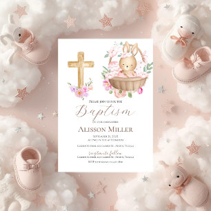 Pink and bunny floral baptism  invitation