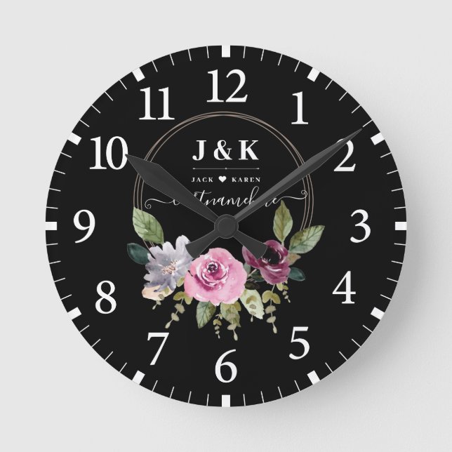 Pink and Burgundy Blush Custom Monogram Round Clock (Front)