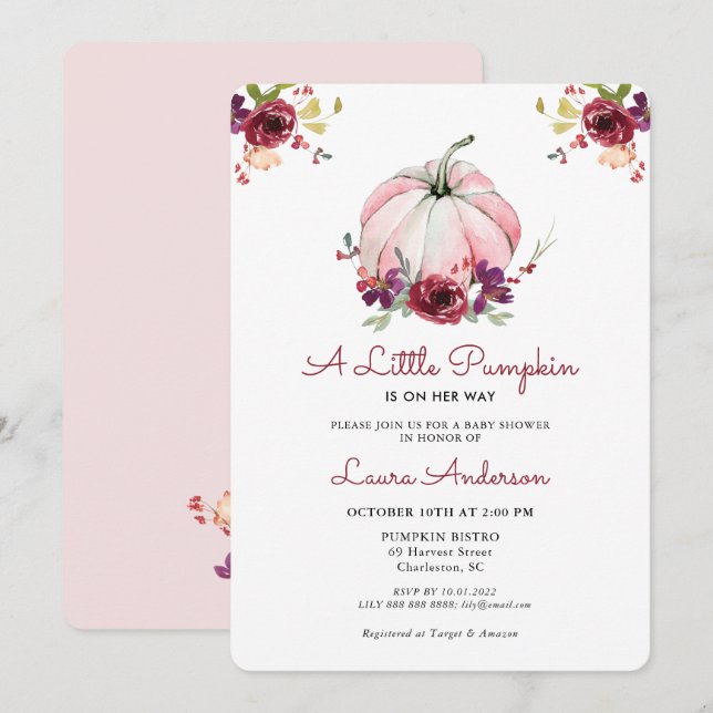 Pink and Burgundy Floral Pumpkin Baby Shower Invitation (Front/Back)