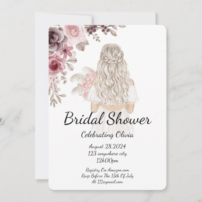 Pink and burgundy floral wedding invitation  (Front)