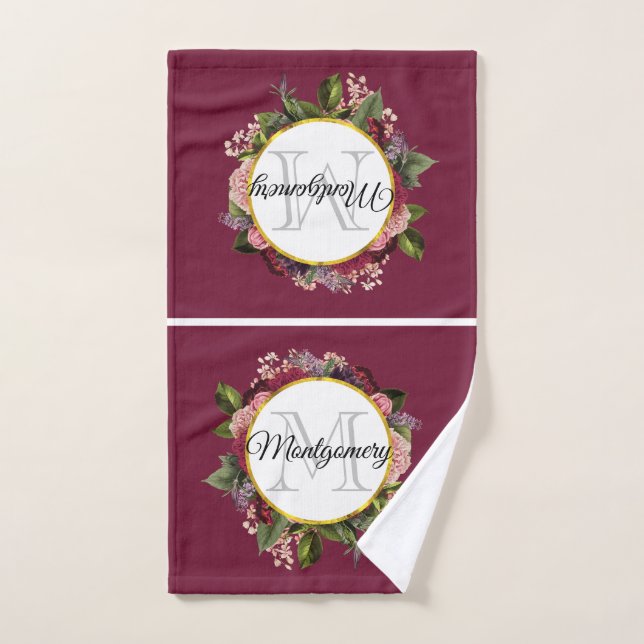Pink and Burgundy Florals Monogram Bath Towel Set (Hand Towel)