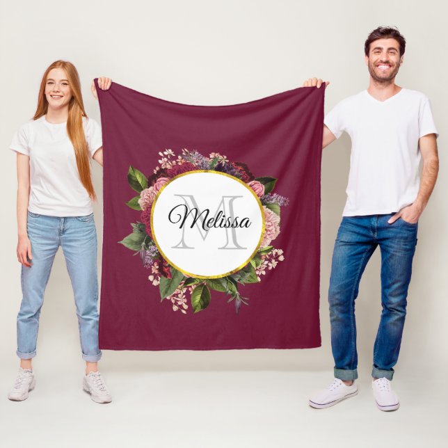 Pink and Burgundy Florals Monogram Fleece Blanket (In Situ)