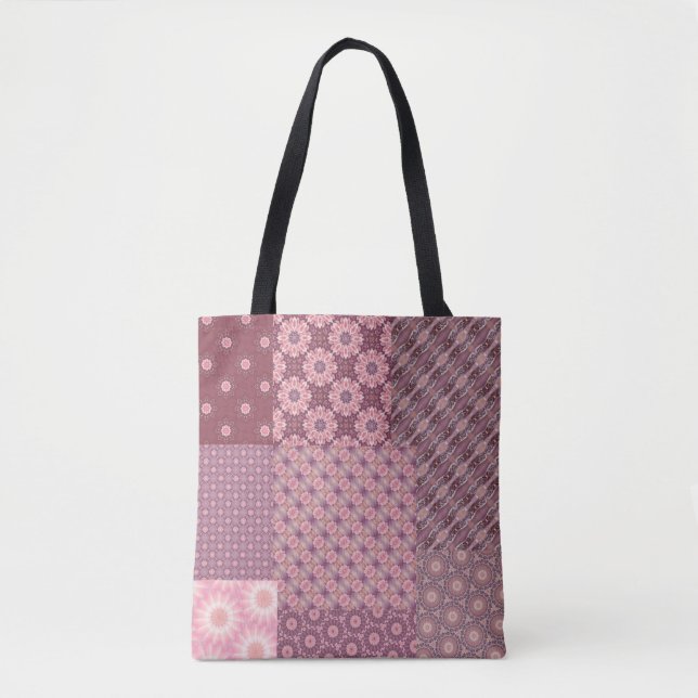 Pink and Burgundy Patchwork Pattern Tote Bag (Front)