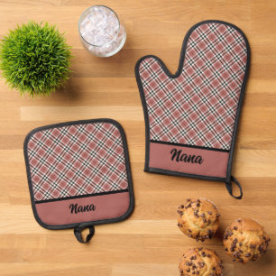 Pink and Burgundy  Plaid Oven Mitt & Pot Holder Set
