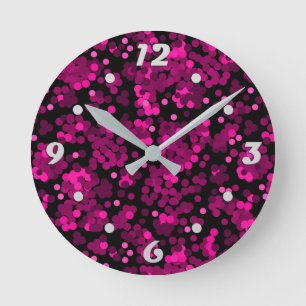Pink and burgundy polka dot confetti pattern round clock