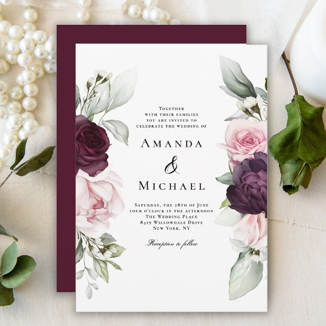 Pink and Burgundy Romantic Floral Wedding Invitation (Creator Uploaded)