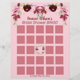 Pink and Burgundy Watercolor Bridal Shower Bingo Flyer