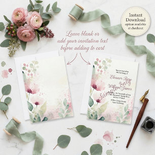 Pink and burgundy watercolor floral blank Wedding Invitation