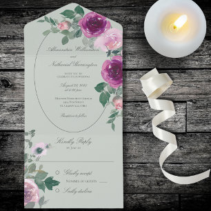 Pink and Burgundy Watercolor Roses on Sage Green All In One Invitation
