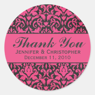 Pink and Charcoal Damask Round Wedding Labels