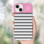 Pink and Charcoal Preppy Stripes Monogram Case-Mate iPhone 14 Case<br><div class="desc">Cute Modern Girly Trendy Chic Stylish Design with Preppy Horizontal Stripes and Solid Colour Block with Custom Personalised Monogram Initial Letter</div>