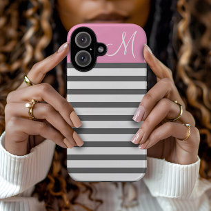 Pink and Charcoal Preppy Stripes Monogram iPhone 16 Case