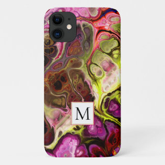 Pink and chartreuse marble tie dye and monogram iPhone 11 case