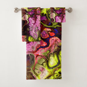 Pink and chartreuse marble tie dye bath towel set