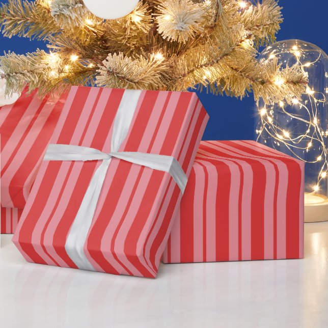 Pink and Cherry Red Retro Modern Stripe Pattern  Wrapping Paper (Holidays)