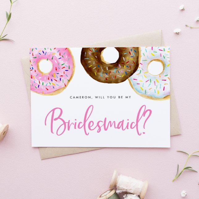 Pink and Chocolate Doughnuts Be My Bridesmaid Card (Creator Uploaded)