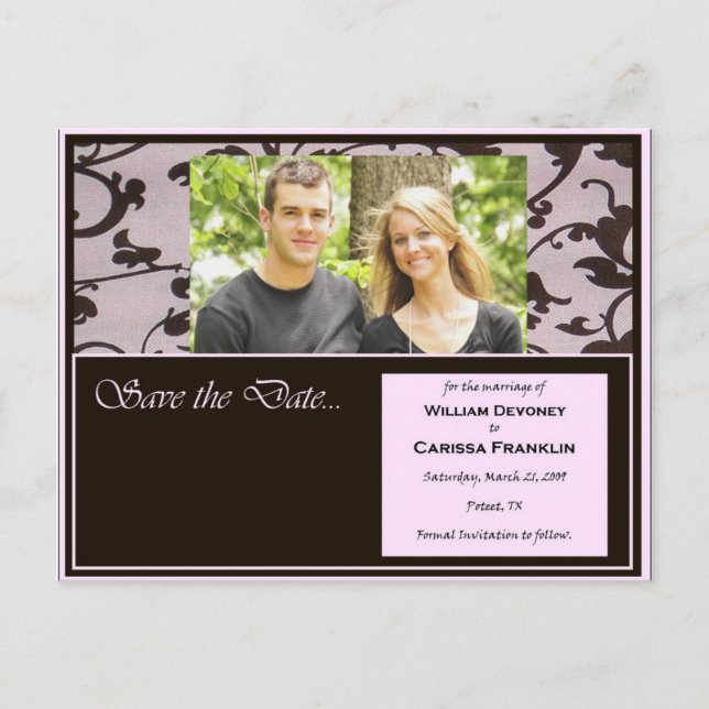 Pink and Chocolate Save the Date wedding Cards (Front)