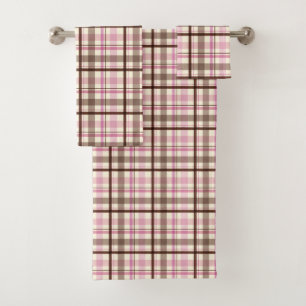 Pink and Coffee Plaid Tartan Bath Towel Set
