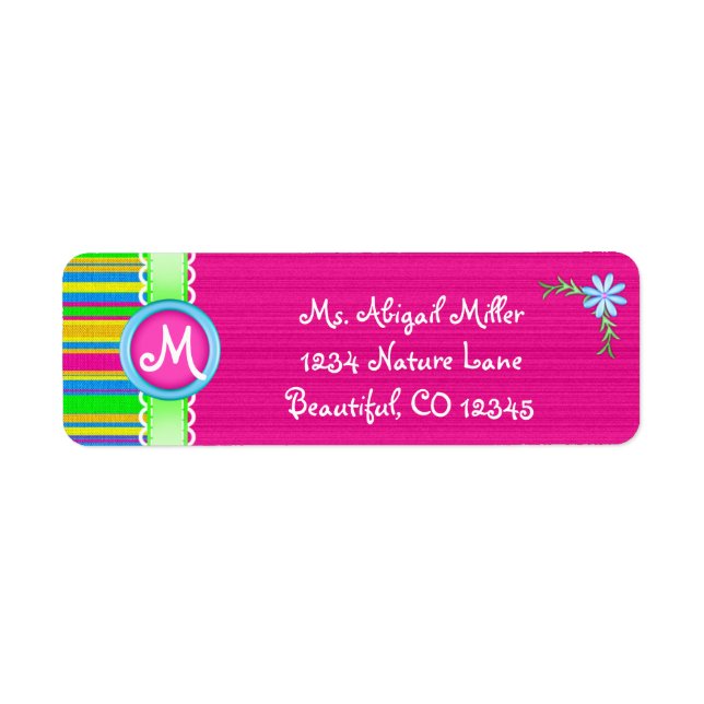 Pink and Colourful Monogram with Flower Return Address Label (Front)
