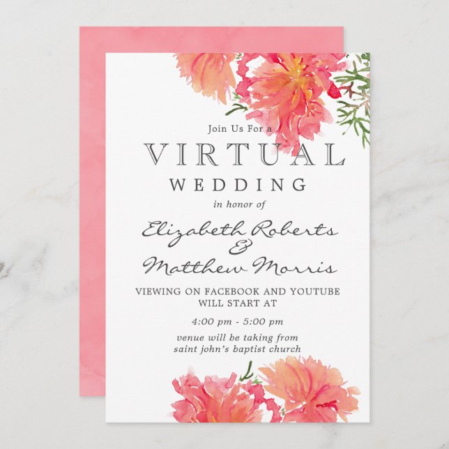 Pink and Coral Dahlias Virtual Wedding Invitation (Front/Back)