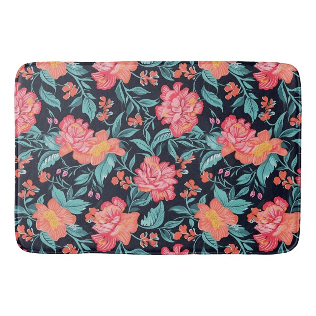 Pink and Coral Flowers Bath Mat (Front)