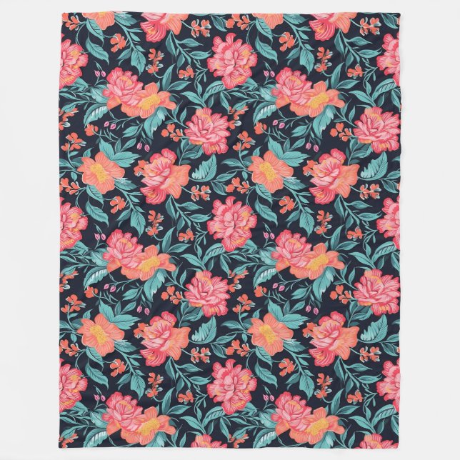 Pink and Coral Flowers Fleece Blanket (Front)