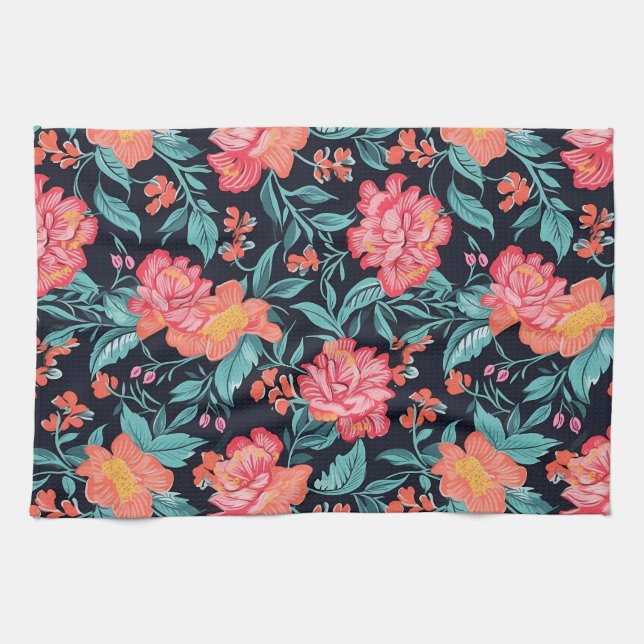 Pink and Coral Flowers Tea Towel (Horizontal)