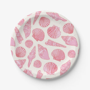 Pink and Coral Painted Coastal Seashells Paper Plate