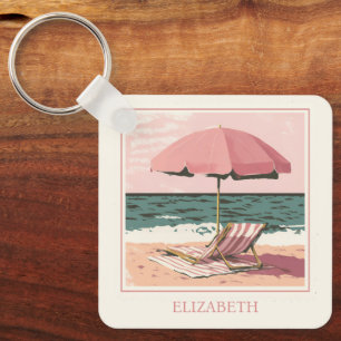 Pink and Cream Beach Chair and Umbrella Key Ring