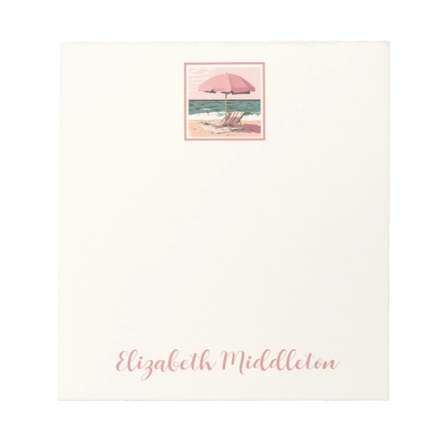 Pink and Cream Beach Chair and Umbrella Notepad (Front)