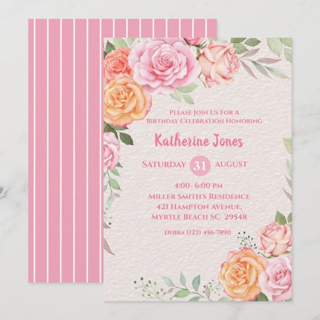 Pink and Cream Floral Women's Birthday Party Invitation (Front/Back)