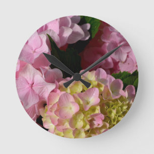 Pink and Cream Hydrangeas Round Clock