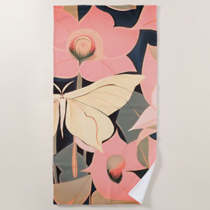 Pink and Cream - Luna Moth and Moonflowers   Beach Towel