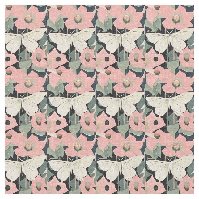 Pink and Cream - Luna Moth and Moonflowers   Fabric (Close Up)