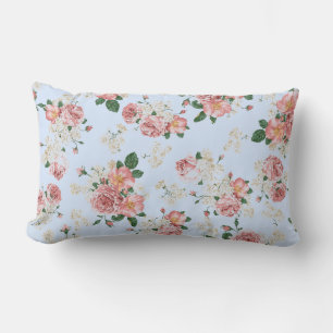 Pink and Cream on Blue Vintage Floral    Lumbar Cushion