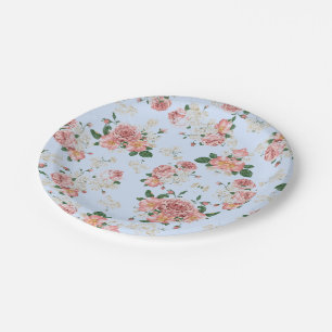 Pink and Cream on Blue Vintage Floral Paper Plate