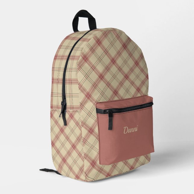 Pink and Cream Plaid  Printed Backpack (Back Corner Left)