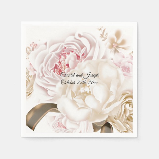 Pink and Cream Rose Peony Wedding Paper Napkins (Front)
