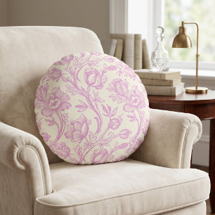 Pink and Cream Tulips Toile French Country Decor Round Cushion
