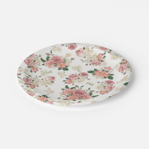 Pink and Cream Vintage Floral  Paper Plate