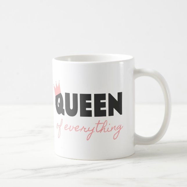 Pink and Dark Grey Queen of Everything Text Design Coffee Mug (Right)