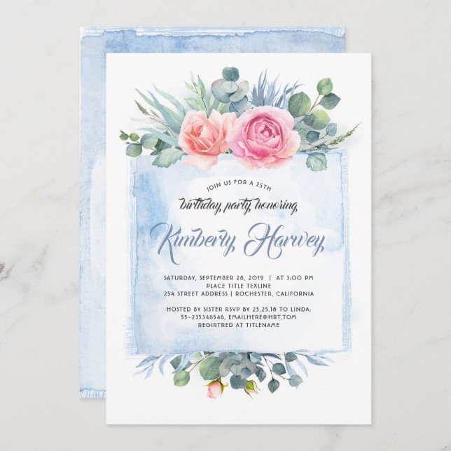 Pink and Dusty Blue Floral Birthday Party Invitation (Front/Back)