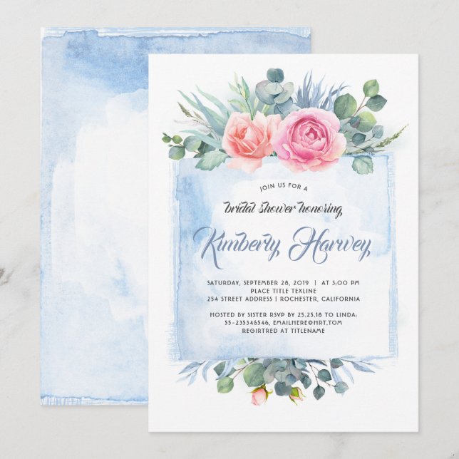 Pink and Dusty Blue Floral Bridal Shower Invitation (Front/Back)