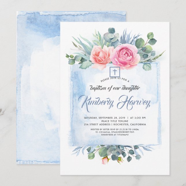 Pink and Dusty Blue Floral Elegant Baptism Invitation (Front/Back)