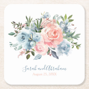 Pink and Dusty Blue Floral Roses Wedding Square Paper Coaster