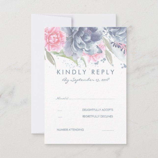 Pink and Dusty Blue Flowers Wedding RSVP Card (Front)