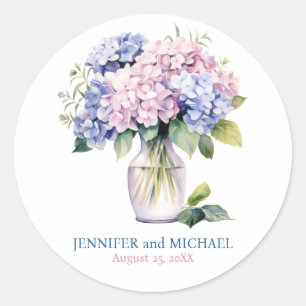 Pink and Dusty Blue Hydrangeas Wedding Circle Classic Round Sticker