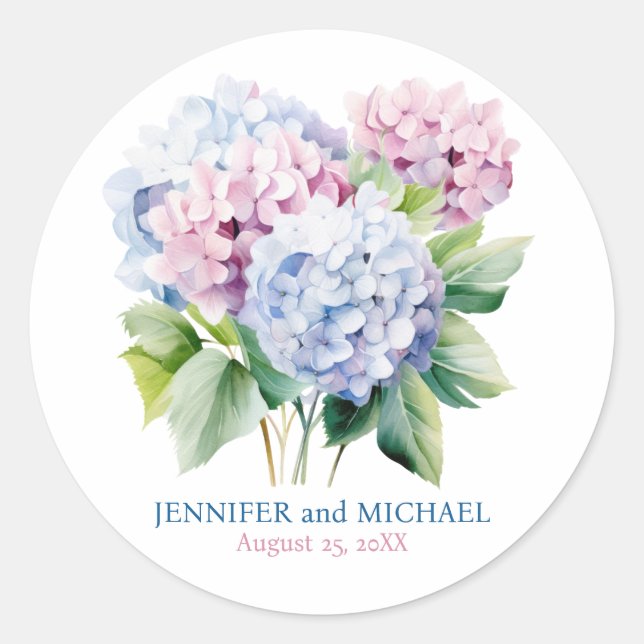 Pink and Dusty Blue Hydrangeas Wedding Circle Classic Round Sticker (Front)