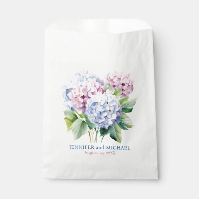 Pink and Dusty Blue Hydrangeas Wedding Favour Bag (Front)